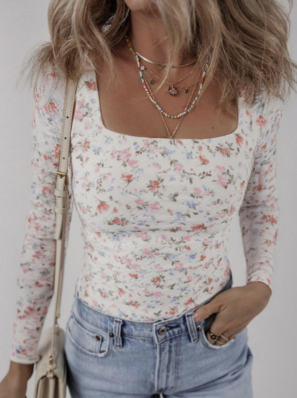 White Floral Print Square Neck lim Fit Long Sleeve