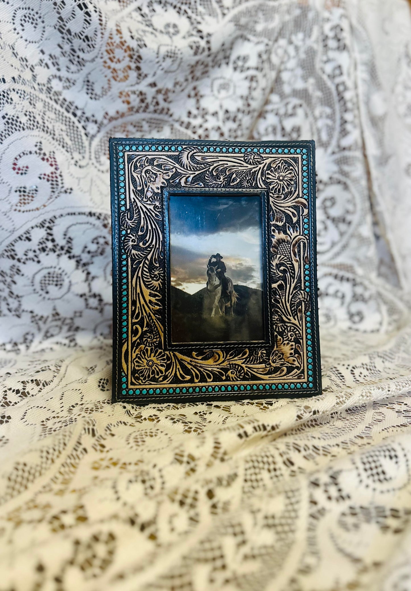 Leather and turquoise picture frame