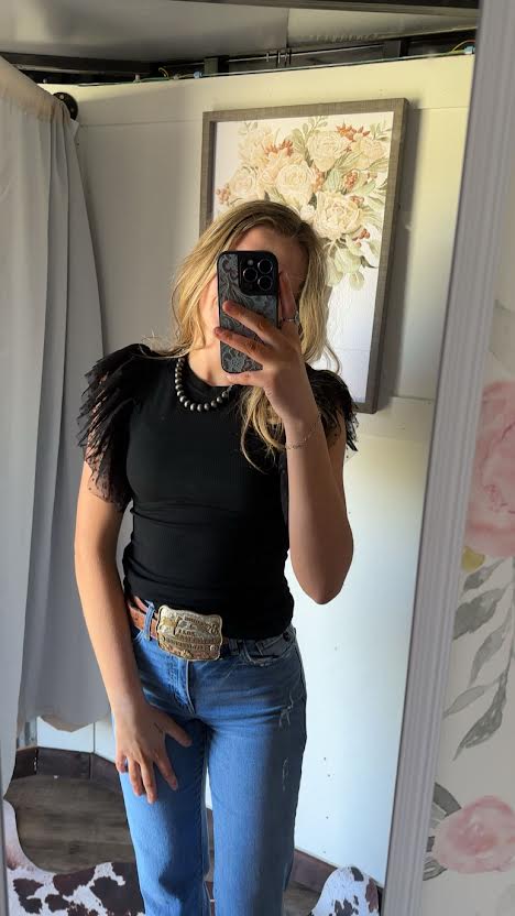 Black Polka Dot Mesh Sleeve Ribbed Top