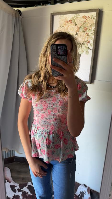 Short Sleeve Floral Print Peplum Blouse