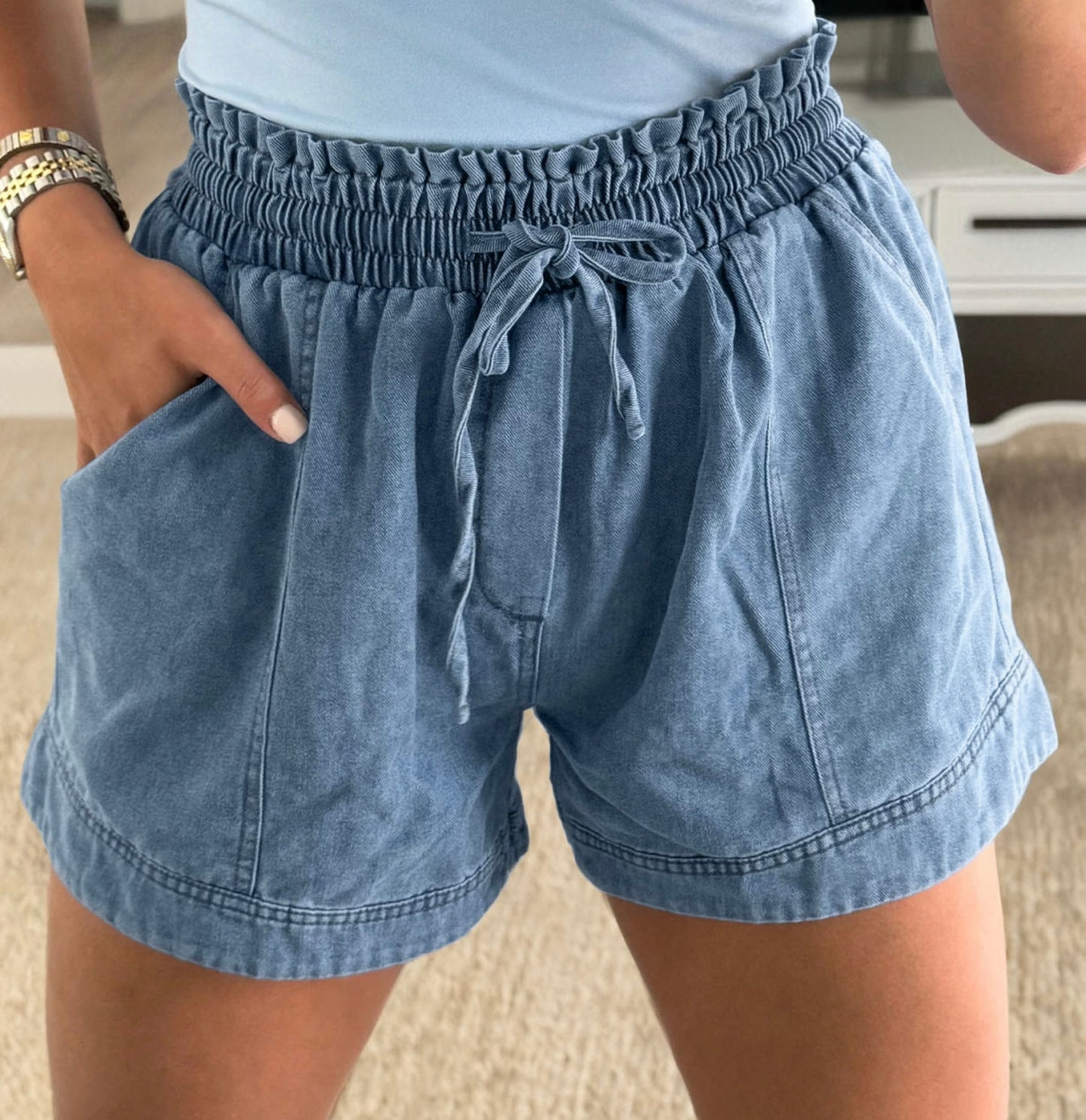 Elastic Denim Shorts