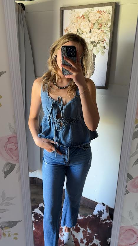 Ruffled Denim Tie-Front Tank