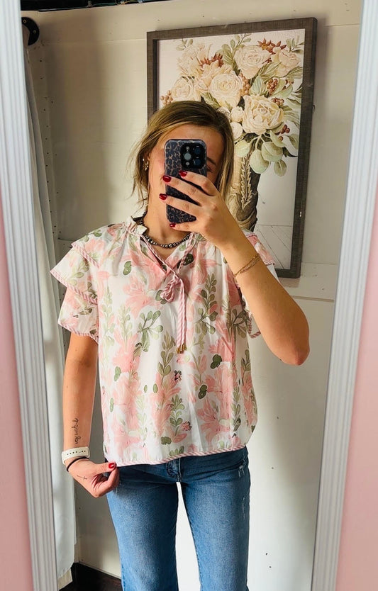 Pink floral print ruffle top