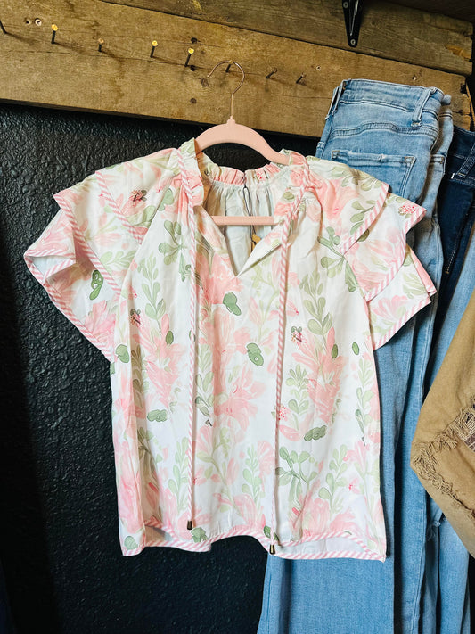 Pink floral print ruffle top