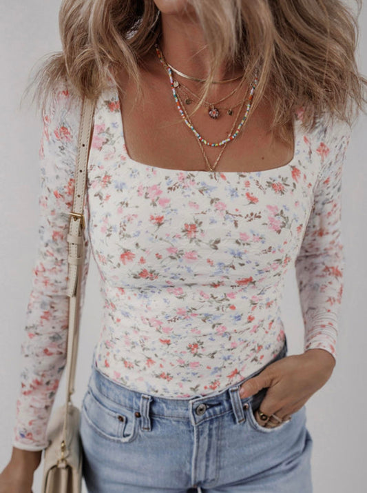 White Floral Print Square Neck lim Fit Long Sleeve