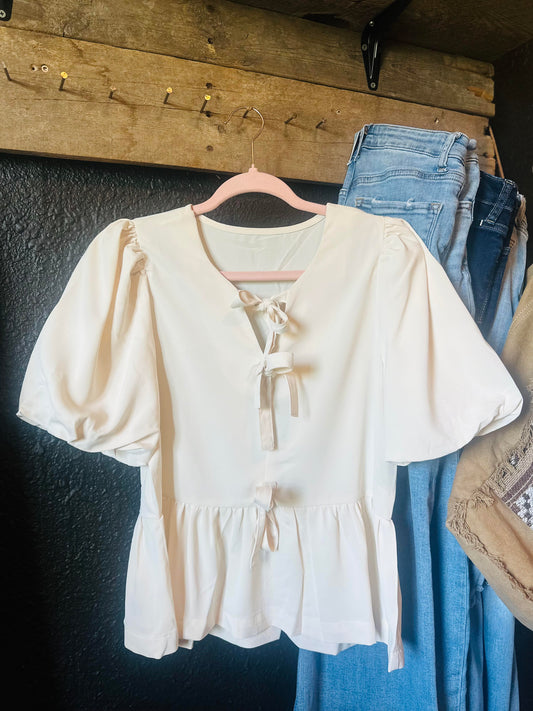 White Bow Tie Ruffle top