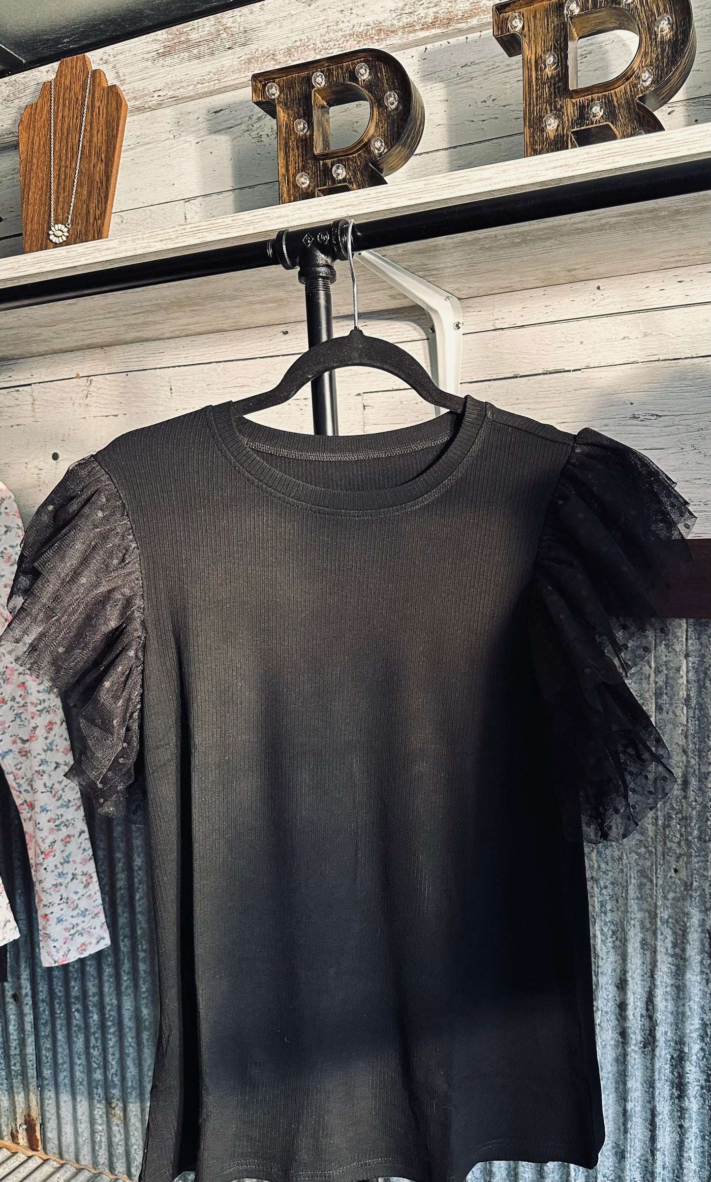 Black Polka Dot Mesh Sleeve Ribbed Top