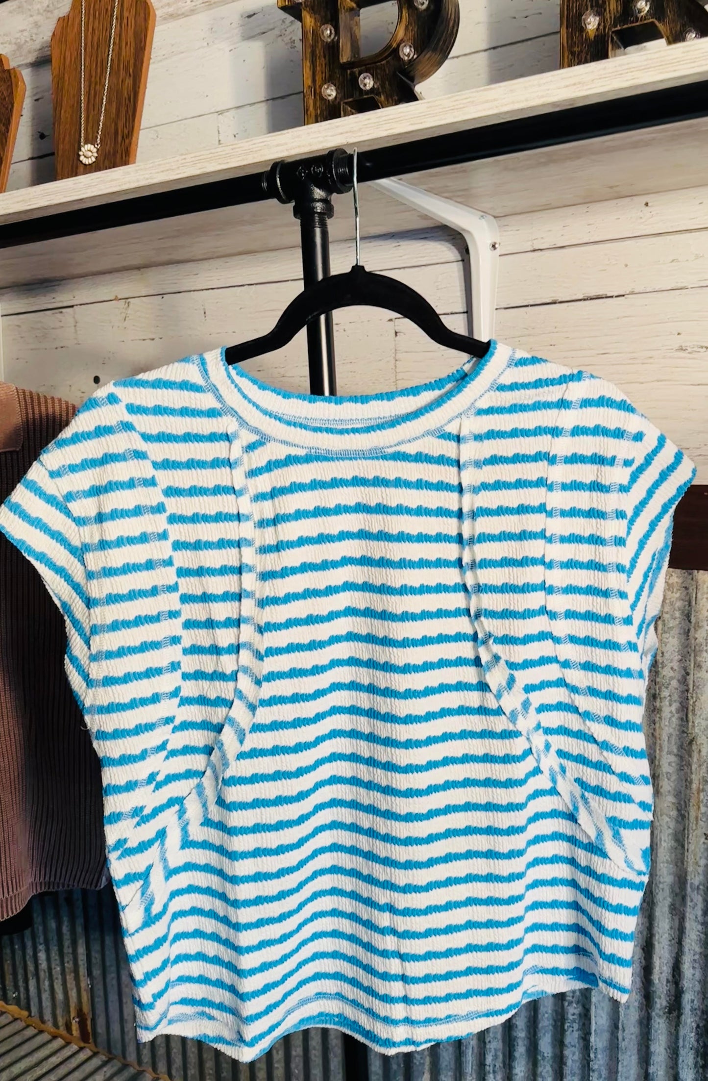 Stripe Textured Short Sleeve Patchwork T-Shirt