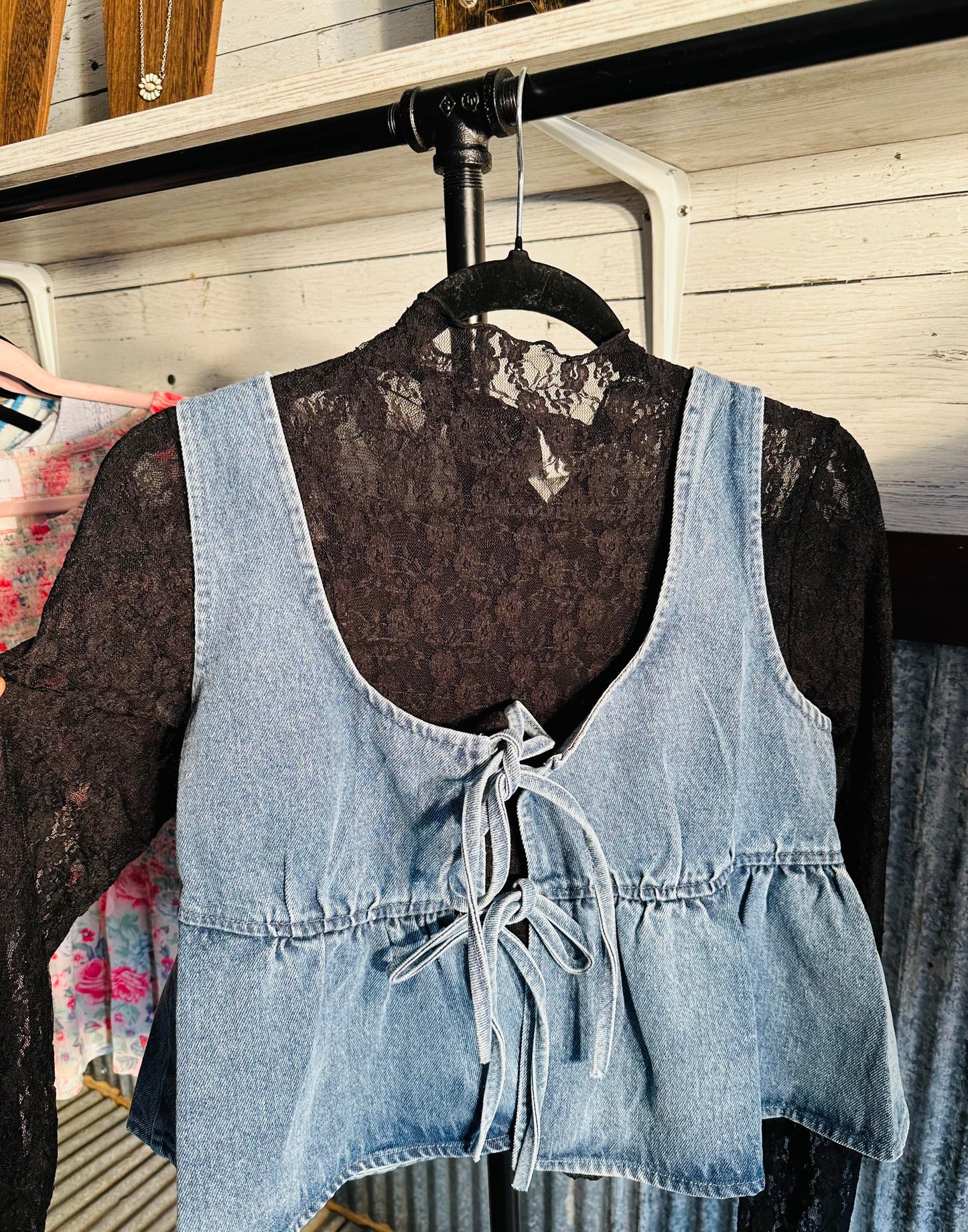 Ruffled Denim Tie-Front Tank